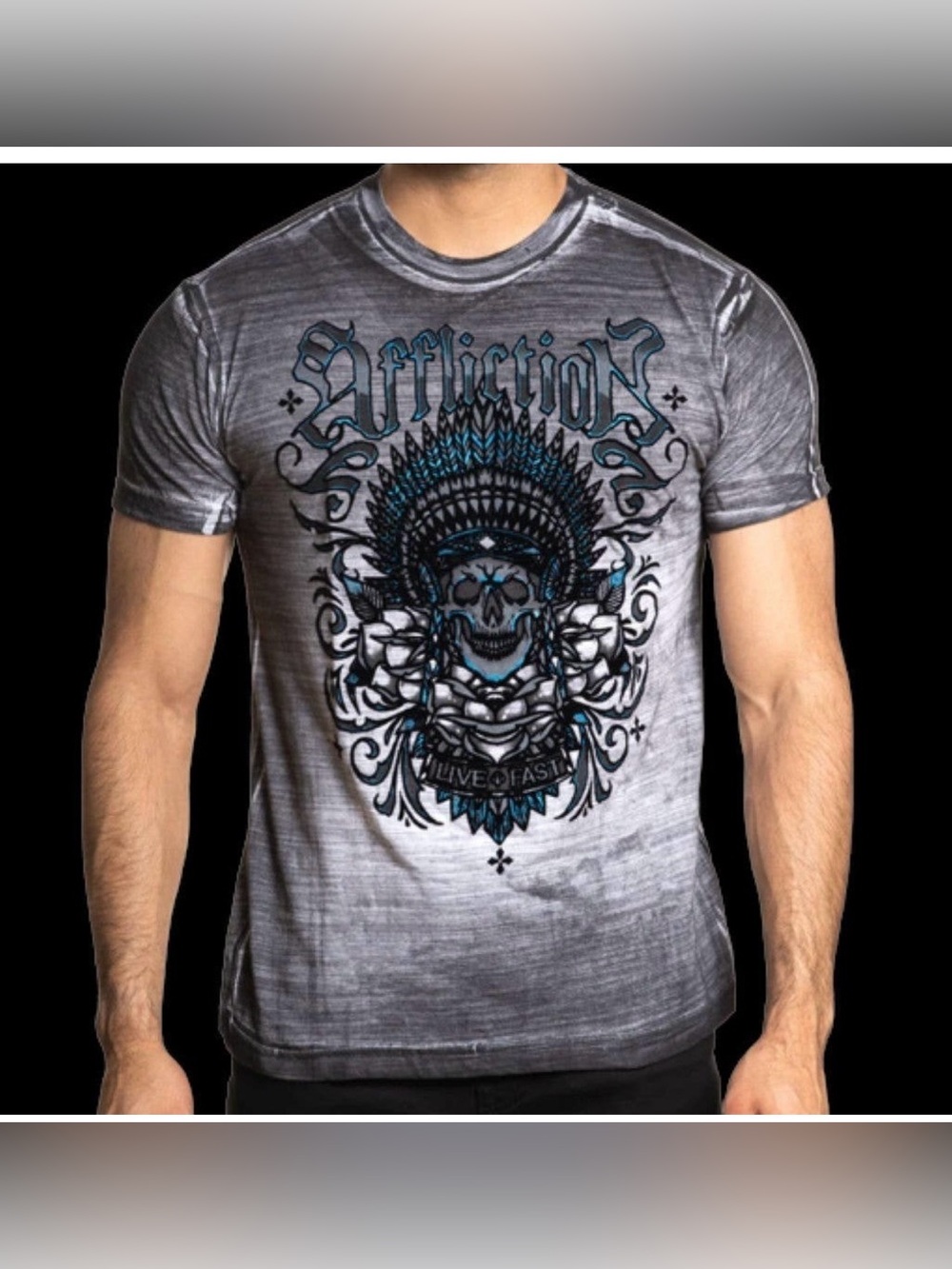 Affliction Gray Tee with Blue & Black Skull Headdress Graphic